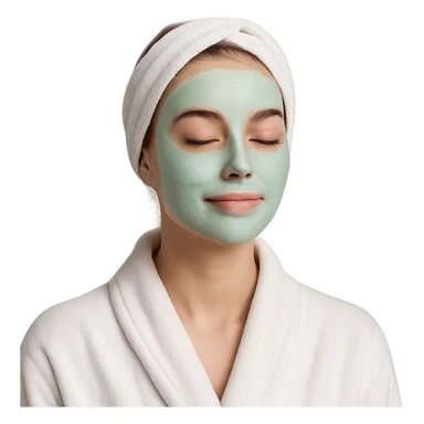 girl in a robe with a green skincare face mask, relaxed expression, simple background sticker