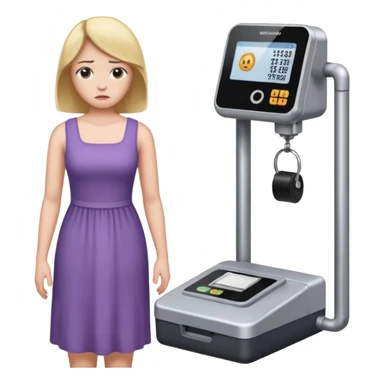 women is standing on weight check machine and she is sad because his weight is not ganaing showing weight also sticker