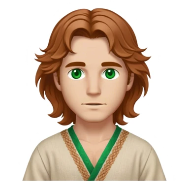 Medieval spring outfit worn by a DnD themed fantasy male character. Light beige linen tunic with embroidered edges, cinched with a woven hemp belt at the waist. Clothes only above the waist, full waist coverage. The character has no arms. Character is white-skinned with copper-brown hair, emerald green eyes, and chin-length wavy hair styled loosely. sticker