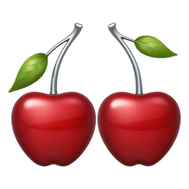 A pair of cherries emoji made of polished silver chrome, smooth rounded shapes, glossy metallic finish, soft highlights and reflections, cute proportions, iOS emoji style, centered, clean white background, no text sticker