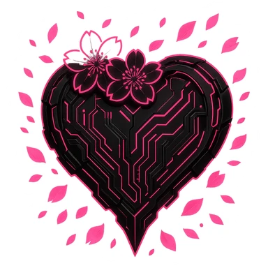 goth sakura heart, cyberpunk style, neon pink and black, glowing sakura petals, futuristic and edgy sticker
