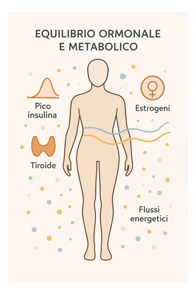 Il corpo è circondato da simboli delicati e bilanciati che rappresentano equilibrio ormonale e metabolico: piccoli cerchi, flussi energetici colorati, simboli stilizzati di tiroide, picco insulina, estrogeni. 4k immagine in italiano sticker