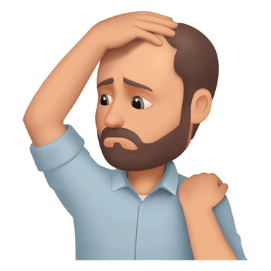 A man who is depressed with his left arm draped over the top of his head so the inside of his left elbow is on the very top of his head where hair grows from and his left hand is touching his right shoulder sticker