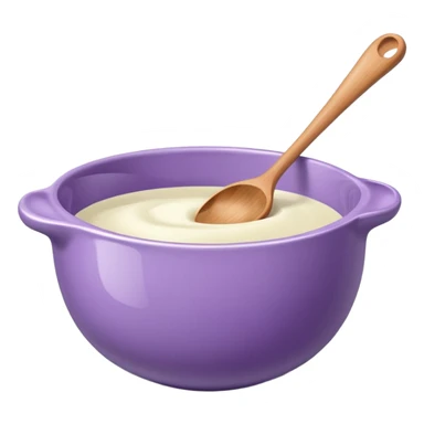 a lilac ceramic mixing bowl with a wooden spoon stirring sticker