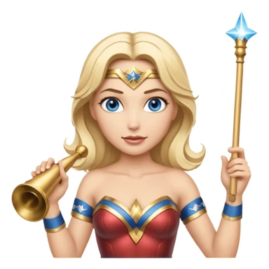 Blonde blue eyed Wonder Woman holding white orchestra conductor’s baton and bell  sticker