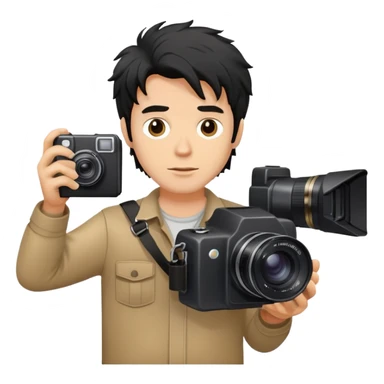 a white man with black messy hair holding a photo camera sticker