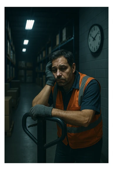 a tired warehouse worker in his 40s, wearing a reflective vest and work gloves, stands under harsh fluorescent lights in a large, dimly lit warehouse. He leans on a pallet jack, eyes heavy with fatigue and dark circles under them. Stacks of boxes and shelves loom in the background, and a wall clock shows it’s the middle of the night. The mood is somber and empathetic. sticker