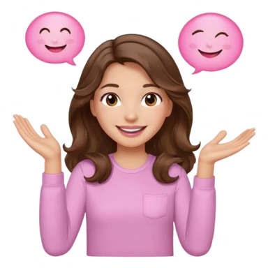 girl with wavy long brown hair, brown eyes, light to medium complexion, long lashes, light pink lipstick, smiling, wearing light pink shirt, clapping sticker