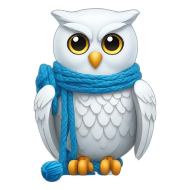 White Owl holding blue yarn ball and knitting needles sticker