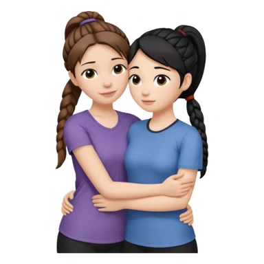 Comforting Hug two white skin women, one shorter woman with brown hair in simple top ponytail, not braided, and one taller woman with black hair in long side braid sticker