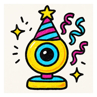 webcam camera with party hat and streamers, celebrating 4th of July, colorful and cheerful style sticker