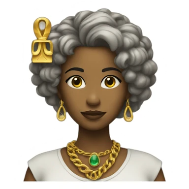 Valérie with a gold necklace with ankh sticker