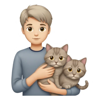A boy holding a grey longhair cat and a British longhair golden cat sticker