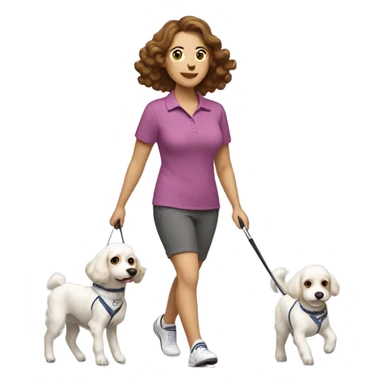 Mom with brown hair in golf clothes walking two little white cavapoos sticker