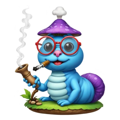 blue caterpillar with round glasses smoking a hooka pipe on top of a mushroom sticker