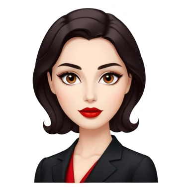 Elegant actress with luminous skin, elongated face, dark almond eyes with tasteful eyeliner, thick eyebrows, straight nose, red lips, voluminous dark hair with gentle waves, black professional attire, dignified confident pose sticker