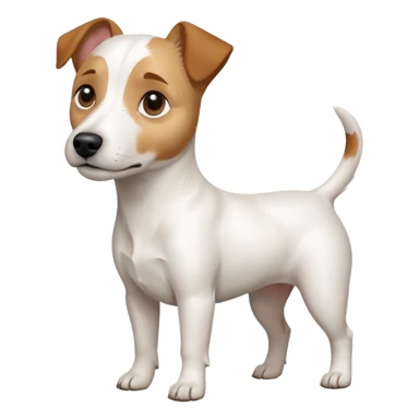 a full body white jack russel looking dog the size of a kelpie with light brown ears and a light brown patch on one eye and a large snout sticker