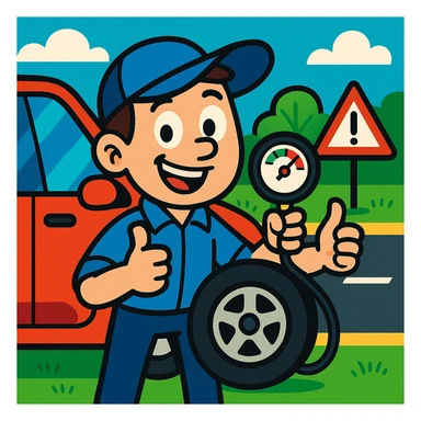 smiling cartoon character showing tire pressure gauge next to car, road safety atmosphere, bright colors sticker