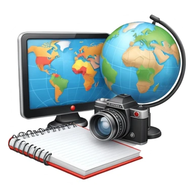 An icon showing a microphone, a notepad, and a camera, symbolizing journalism. The design includes a globe in the background, representing global news, and a breaking news banner for emphasis. Transparent background highlights the dynamic world of media and reporting. sticker