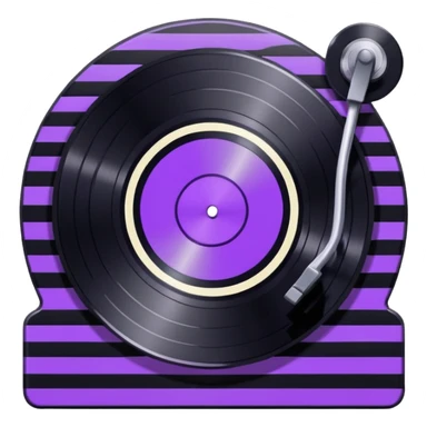 black pixel art vinyl record with a purple and white striped middle label, pixel art sticker