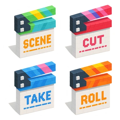 isometric view collection of movie clapperboards in voxel style, each with different colorful lids and unique text sticker