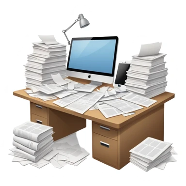 minimalist desk cluttered with papers spilling over, symbolizing overwhelming admin workload sticker