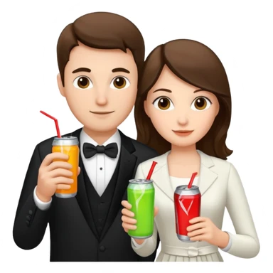 husband and wife at wedding holding energy drinks sticker