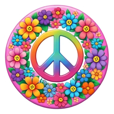 A round psychedelic colored button with a peace sign and flowers in the center sticker