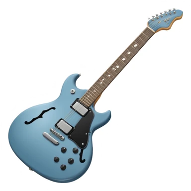 A gray-blue electric guitar with a black pick guard and only one volume knob, make the head tan sticker