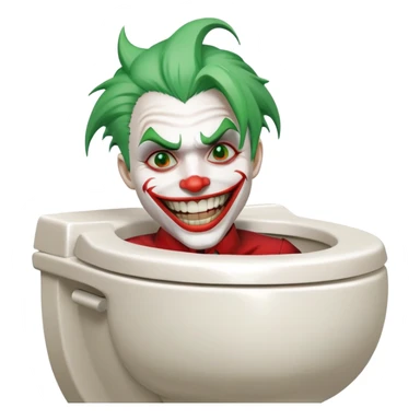 Joker character on toilet laughing hysterically, green hair, white face, red smile sticker