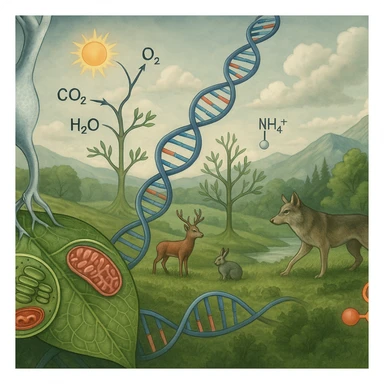 A panoramic scientific illustration merging all key biology topics for grades 11-12 into one continuous ecosystem scene, ultra-realistic style: In the foreground, a neuron (neurobiology) synapses with a leaf's vascular system (applied biology). The leaf undergoes photosynthesis (energy conversion) while revealing microscopic views of chloroplasts and mitochondria. Its DNA strands (molecular genetics) morph into a phylogenetic tree (evolution) that forms the landscape. In the background, a balanced ecosystem (ecology) shows predator-prey dynamics and nutrient cycling. All elements flow together organically through biological connections - no artificial borders, labels, or sections. Color palette: natural greens/blues with molecular structures in accurate scientific colors (red ATP, blue DNA). Style: National Geographic scientific realism with macro-to-micro transitions. sticker