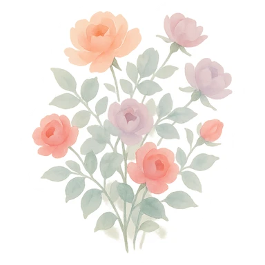 rose bush with many blossoms, luminous colors, gentle blending, expressive leaves, various rose colors, watercolor art style sticker