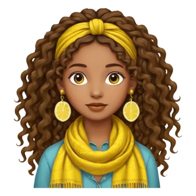 boho girl, brown skin, long curly brown hair tied up, lemon yellow scarf, round earrings sticker