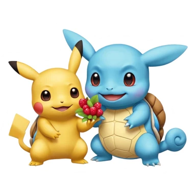  Pikachu has a light to share, but Squirtle has none. Pikachu sees this is unfair, so he shares the berries with Squirtle. They smile and eat together. Show this as a cute Pokémon emoji scene about justice and fairness.

 sticker