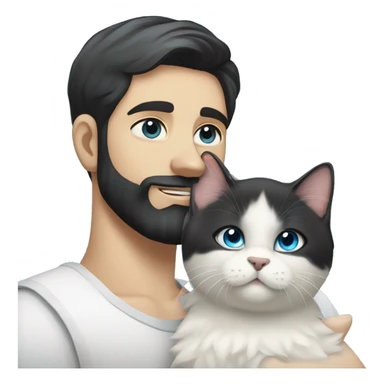 A guy with a black earing and black short hair and black beard and holding a all white Siberian cat with blue eyes  sticker