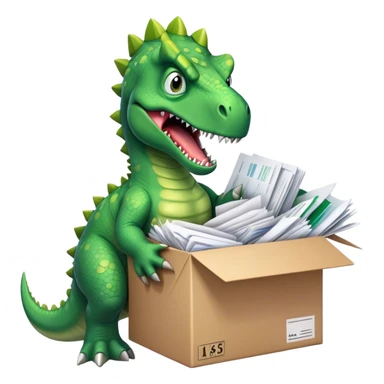 angry office dinosaur holding a huge boxe bursting with a lot of documents and papers sticker