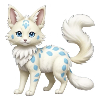 Albino-white, blue-eyed soft natural realistic romantic vintage antique divine beautiful elegant pretty precious cute young youthful  Fakémon-Pokémon-feline-Zeraora-Jolteon-serval-caracal-chinchilla-Minccino-Cinccino-Meowstic-rodent-hybrid-creature with a big fluffy bushy tail (full body) sticker