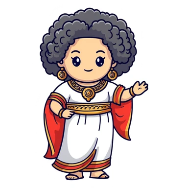 Stunning Greek-inspired character with massive voluminous curly hair flowing down, ornate traditional jewelry, and cute stylish Greek clothing sticker