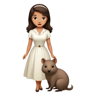 Beautiful woman in 1950’s woman fashion look, white dress, long dark brown hair, wombat sticker