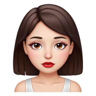 “Emoji brunette girl white top, dewy skin, heavy blush across cheeks and nose bridge, glossy cherry lips, soft eyeliner, teary sparkling eyes like hanni from new jeans sticker