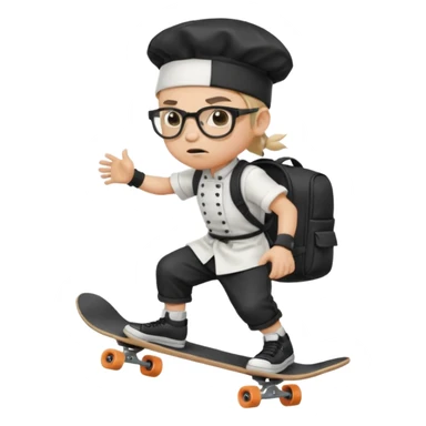 ["An angry boy with light skin, ponytail, wearing a chef hat and square glasses, dressed in goth fashion, is skateboarding while holding a backpack."] sticker