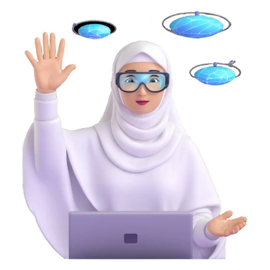 computer engineer with white hijab proudly presenting her completed metaverse creation, gesturing toward a floating holographic virtual world she built, explaining her digital architecture to audience, professional stance, AR glasses, display showing her code and virtual environment sticker