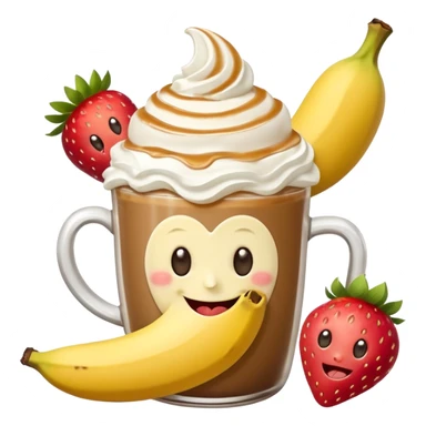 Coffee with caramel, whipped cream, one big  pealed banana sticking out of it with two strawberry’s sticking out of the base of the banana with whipped cream and caramel on the tip of the banana in a happy face on the glass with a wink sticker