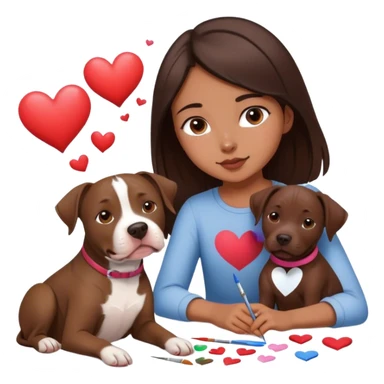 A 20 year old young girl with the dark brown hair sitting with her medium to dark brown dog, which is part maybe pitbull sitting beside of her while she paints him lovingly with hearts flying all around because she’s beautiful and she loves her dog sticker