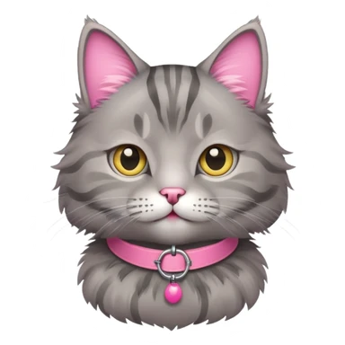 a fluffy grey tabi cat with a pink collar sticker