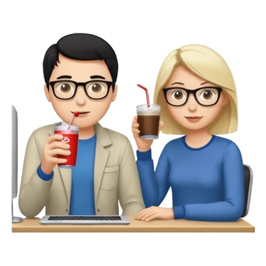 Hombre blanco con gafas, pelo negro tomando un refresco frente a un ordenador con ropa de sport, en la pantalla del ordenador una mujer rubia tomando café sticker