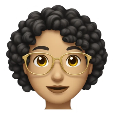 Caucasian woman, long black curly hair, golden glasses with tiny frames, just face sticker