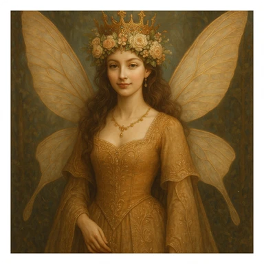 regal fairy queen with crown of flowers, elegant wings, gentle smile, detailed fantasy art style sticker