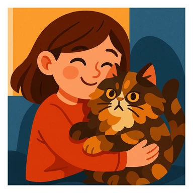 brunette girl hugging a fluffy tortoiseshell Persian cat, cartoon style, cozy and loving sticker