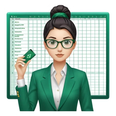 Hair: Sleek high ponytail with center parting Face: Narrow glasses reflecting spreadsheet grids Clothes: Emerald green blazer with rolled sleeves Action: Swiping between dual monitors rapidly sticker